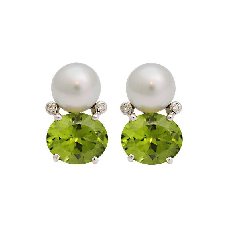 Hoop earrings with artistic filigree designs for an intricate, delicate finish-Earrings-Peridot, South Sea Pearl and Diamond