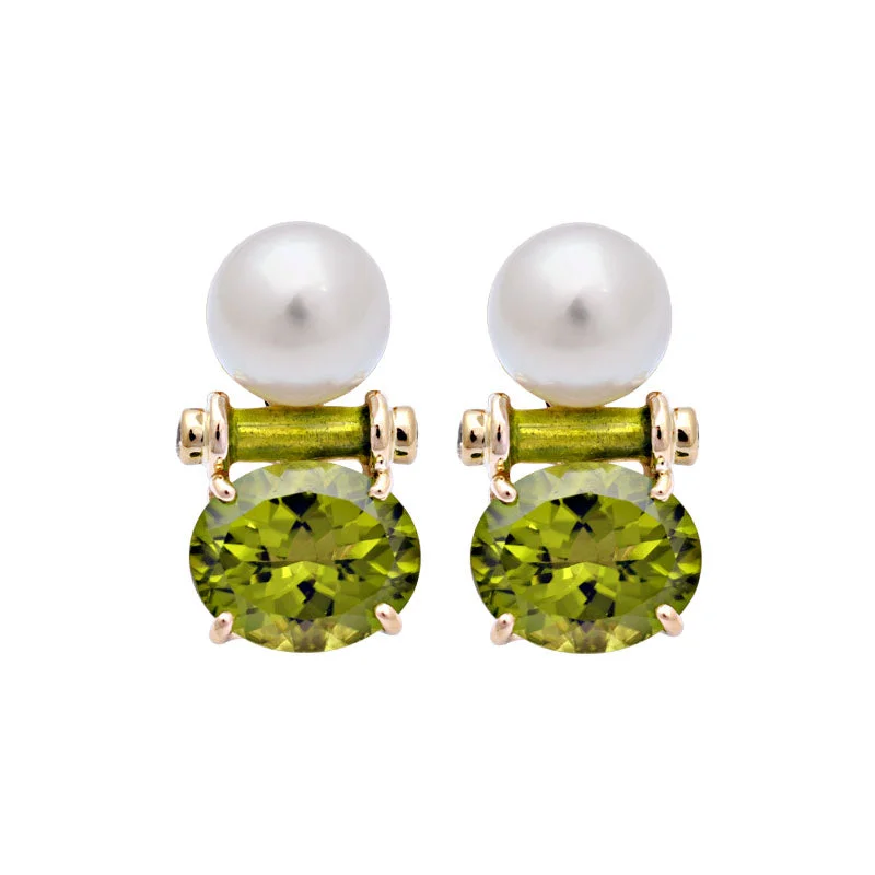 Best hoop earrings with geometric hexagon shapes for a modern, angular look-Earrings-Peridot, South Sea Pearl and Diamond (Enamel)