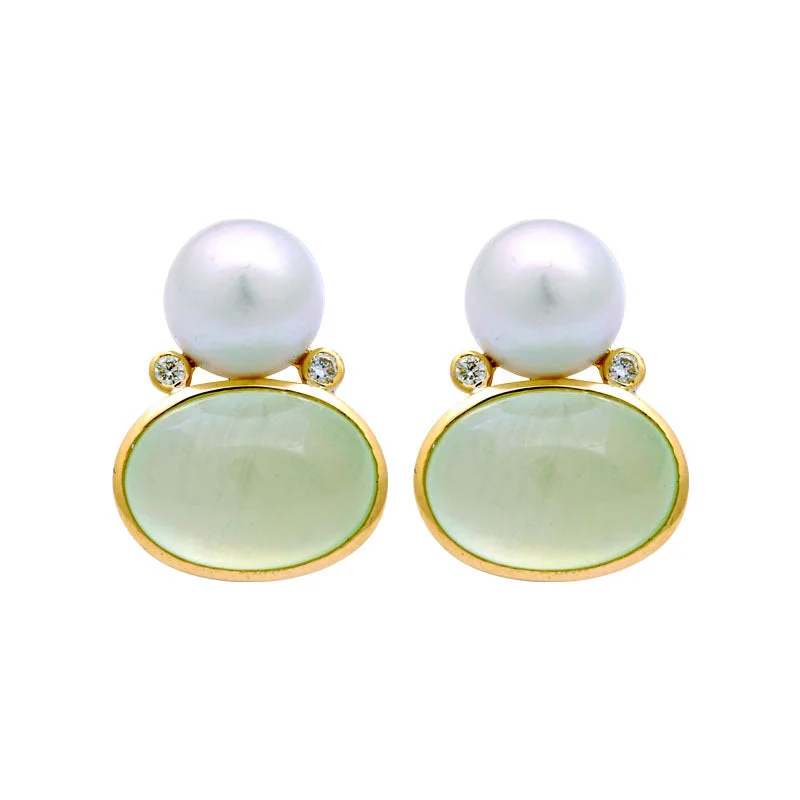 Hoop earrings with crescent moon shapes for a celestial and mystical appearance-Earrings-Prehnite, South Sea Pearl and Diamond