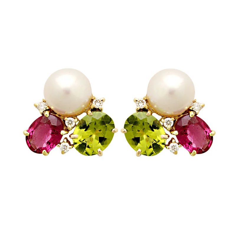 Hoop earrings with spiral designs for a dynamic and fluid look-Earrings-Rubellite, Peridot, South Sea Pearl and Diamond