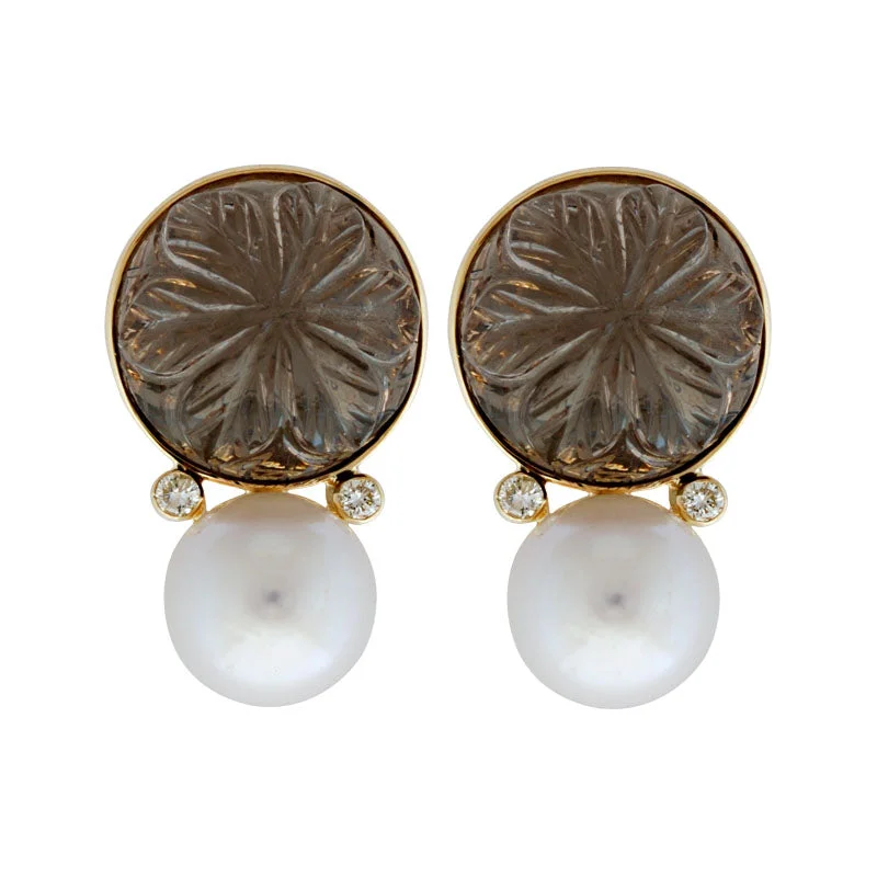 Best hoop earrings with marbled designs for a trendy and artistic effect-Earrings-Smokey Quartz, Pearl and Diamond