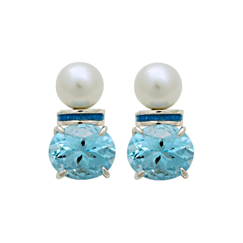 Best hoop earrings with geometric cuts for a sharp, modern appeal-Earrings-South Sea Pearl and Blue Topaz (Enamel)