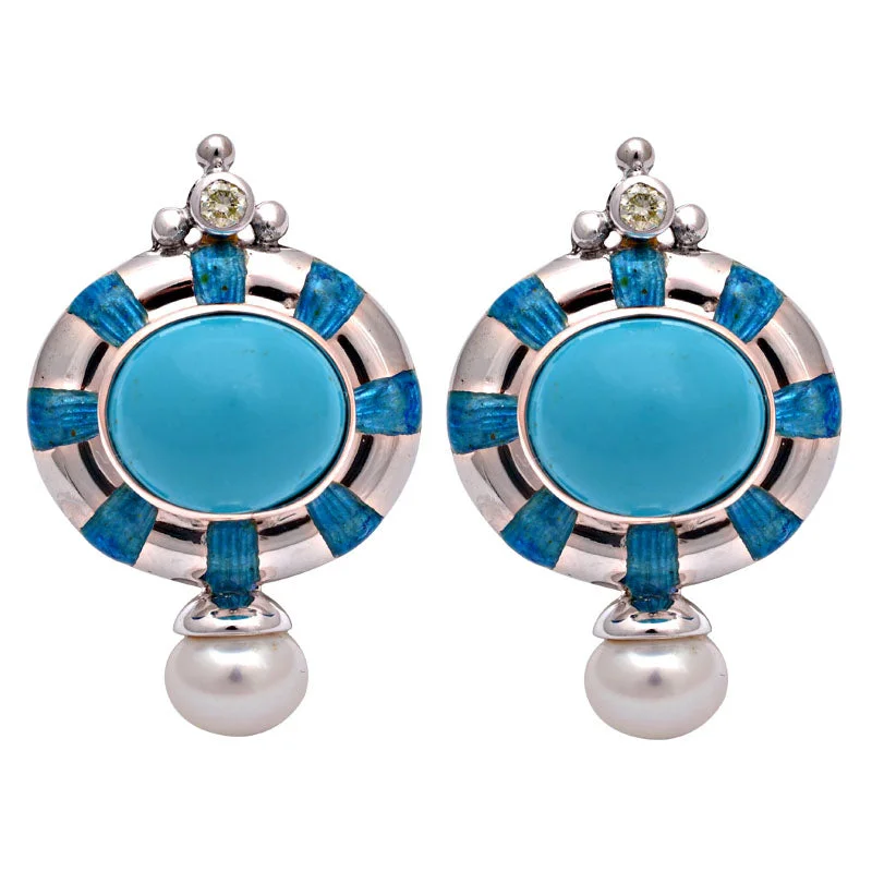 Hoop earrings with cut-out designs for a creative and lightweight effect-Earrings-Turquoise, Fresh Water Pearl and Diamond (Enamel)