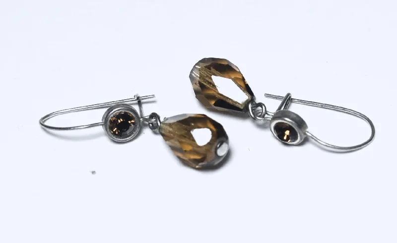 Hoop earrings with resin accents for a bold and colorful design-Pair of Faceted Brown Glass and Silver Tone Metal Earrings