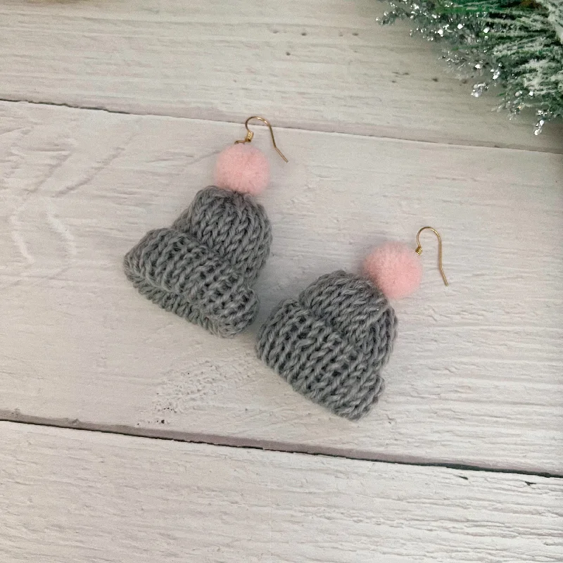 Best hoop earrings with geometric pendants for a modern, chic appeal-Pom Pom Beanie Earrings- Gray