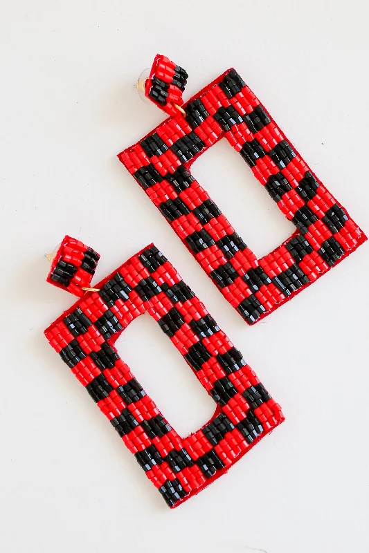 Best hoop earrings with geometric pendants for a modern, chic appeal-Red + Black Checkered Beaded Statement Earrings