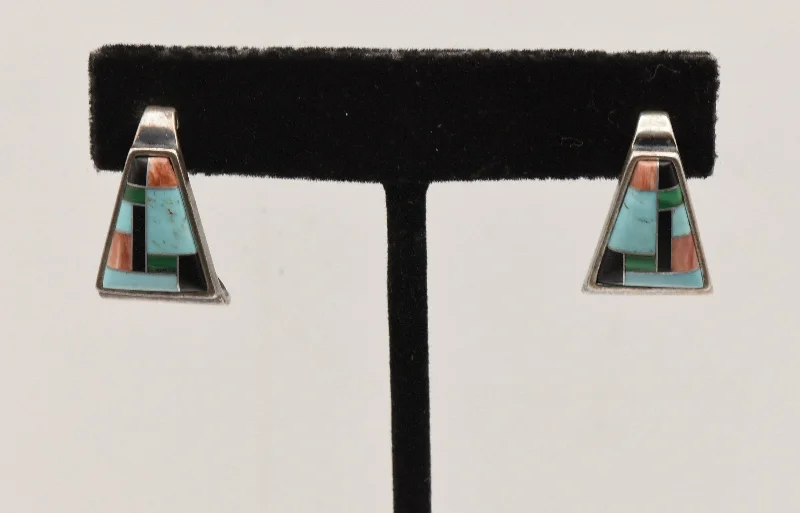 Hoop earrings with leather accents for a sleek and bold combination-Relios - Vintage Inlaid Sterling Silver Triangular Earrings