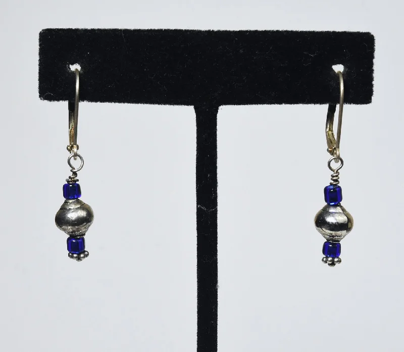 Hoop earrings with braided patterns for a detailed and textured finish-Silver and Blue Bead Dangle Earrings