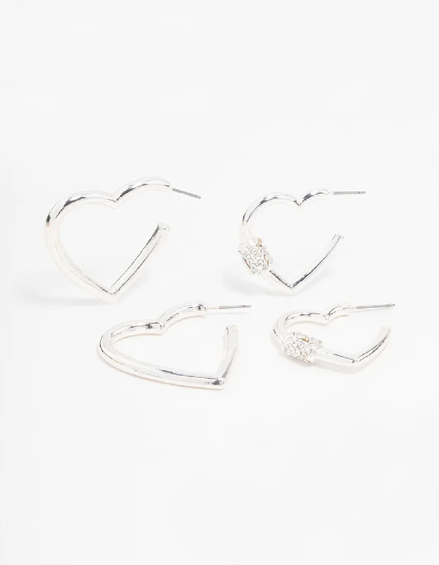 Hoop earrings with gold accents for a warm, elegant statement piece-Silver Heart Hoop Earrings 2-Pack