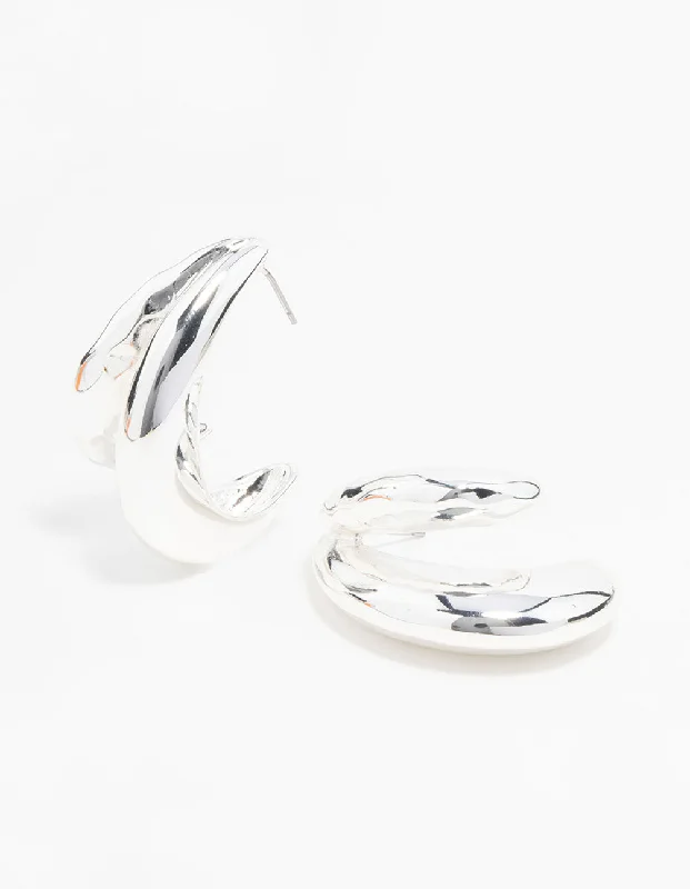 Hoop earrings with rhinestone-studded rims for a glamorous touch-Silver Molten Double Row Hoop Earrings