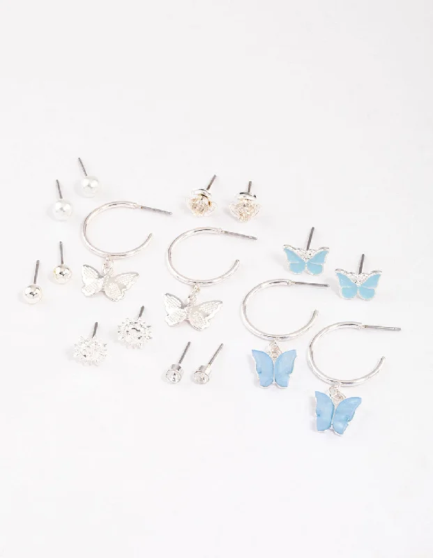 Best hoop earrings with infinity designs for a timeless and meaningful symbol-Silver Mixed Butterfly Garden Earrings 8-Pack