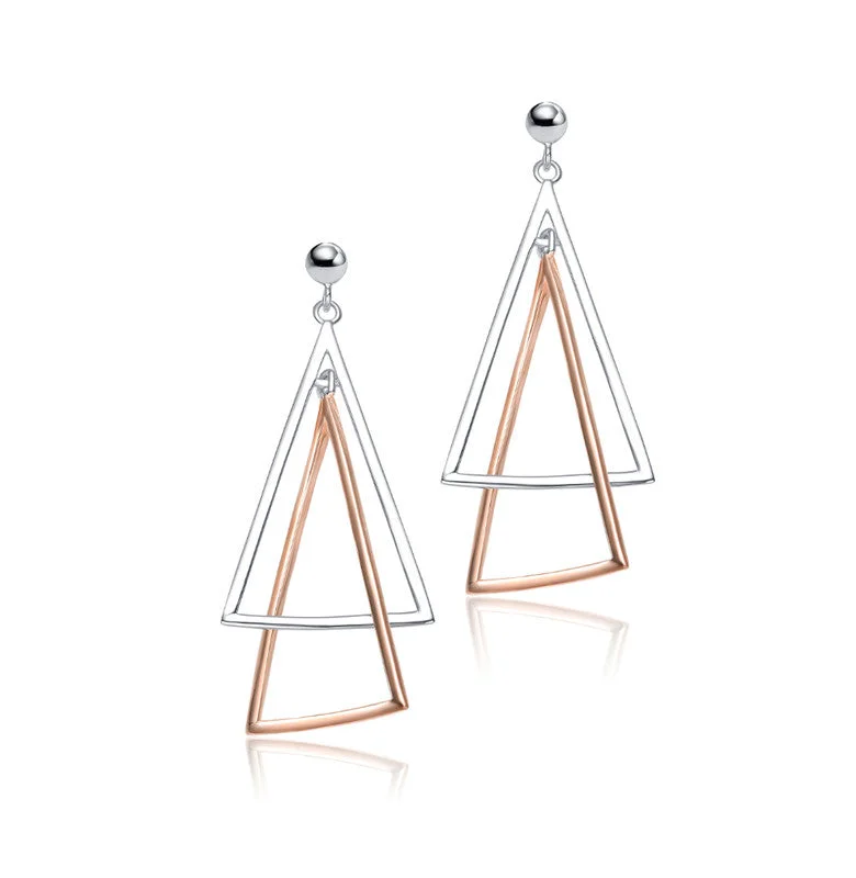 Hoop earrings with diamond-cut surfaces for added sparkle and shine-Sterling Silver Two-Tone Triangle Dangling Earrings